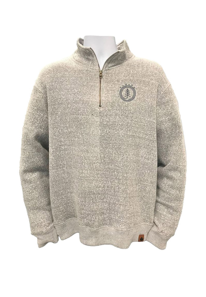 North & Oak Nantucket Fleece 1/4 Zip, front view, in salt and pepper colour with circle decal on left chest