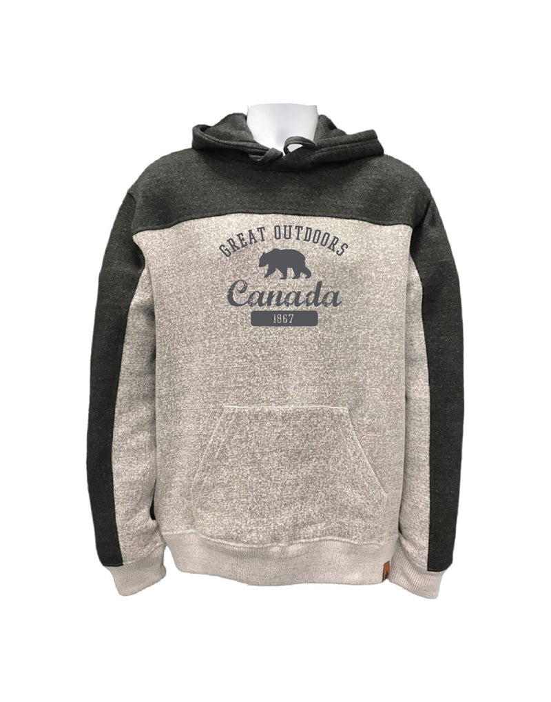 North & Oak Nantucket Fleece Hoodie in two tone grey with bear image on chest with words Great Outdoors Canada 1867