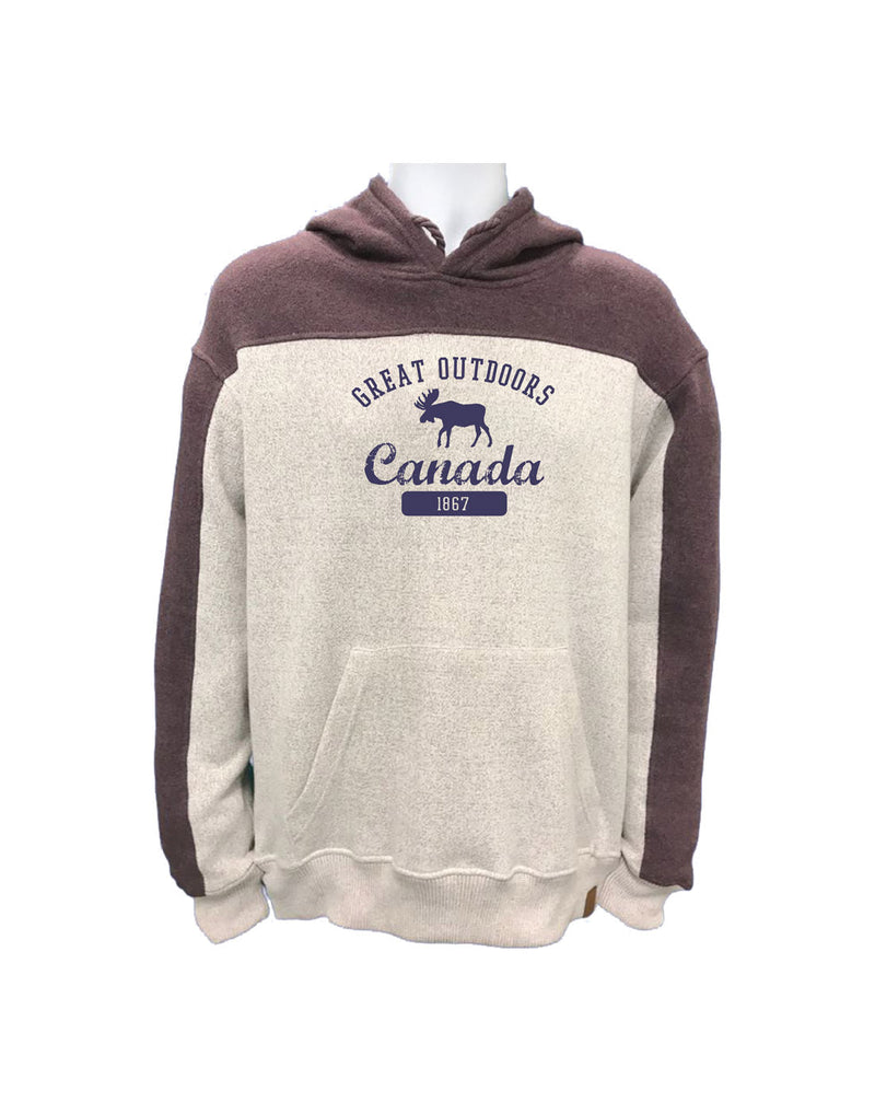 North & Oak Nantucket Fleece Hoodie in two tone white and wine colour with moose and words Great Outdoors Canada 1867 on chest