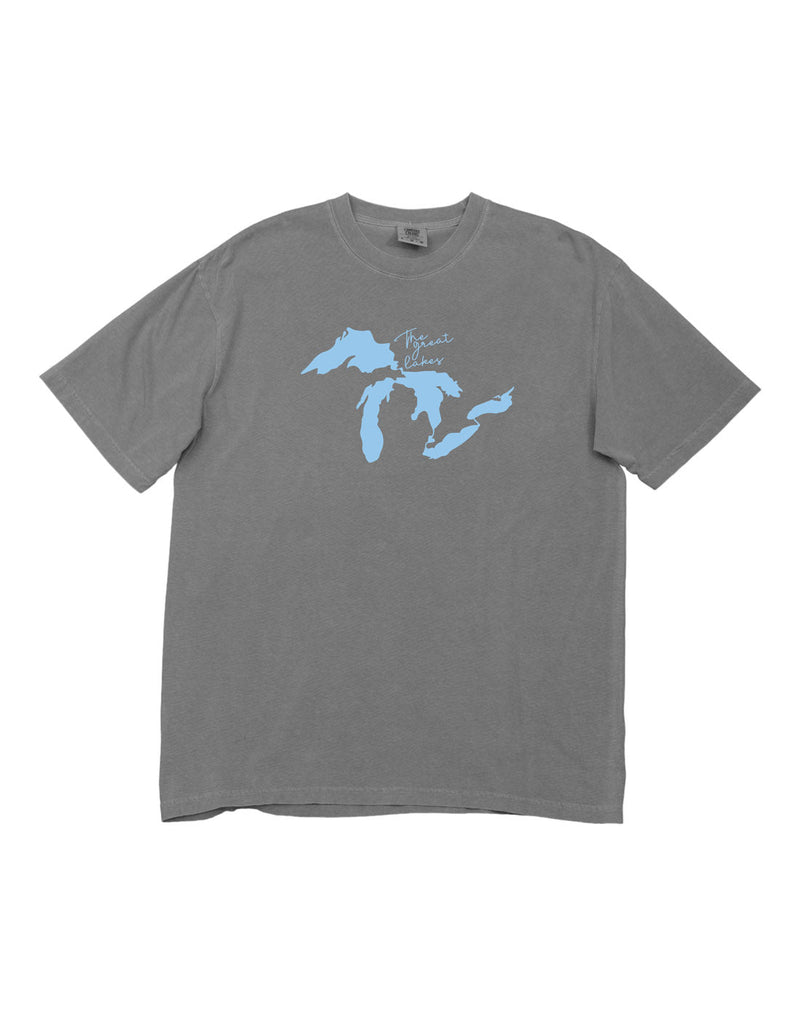 North & Oak Unisex Great Lakes T-shirt in grey with blue image of the great lakes on the front