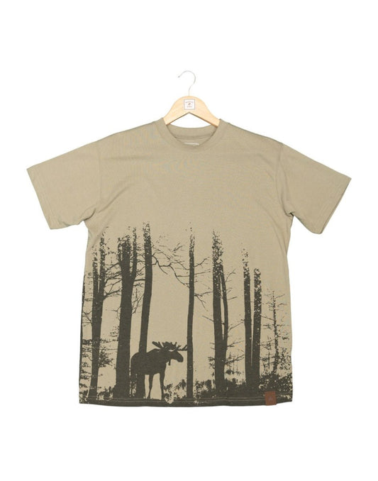 Product Image – North & Oak Unisex Moose T-shirt in sage green, tan colour with brown silhouette of a moose in the trees on front