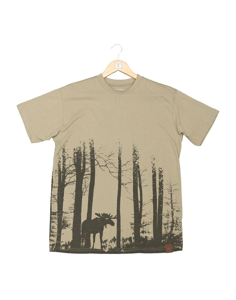 North & Oak Unisex Moose T-shirt in sage green, tan colour with brown silhouette of a moose in the trees on front