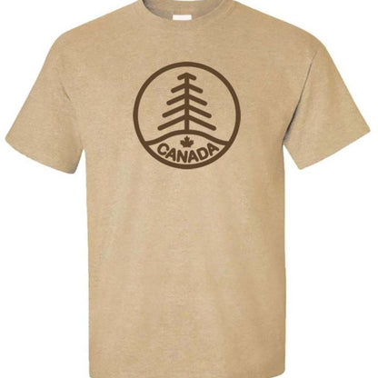 North & Oak Unisex T-shirt in light tobacco brown colour, with dark brown circle with tree design and canada written in circle