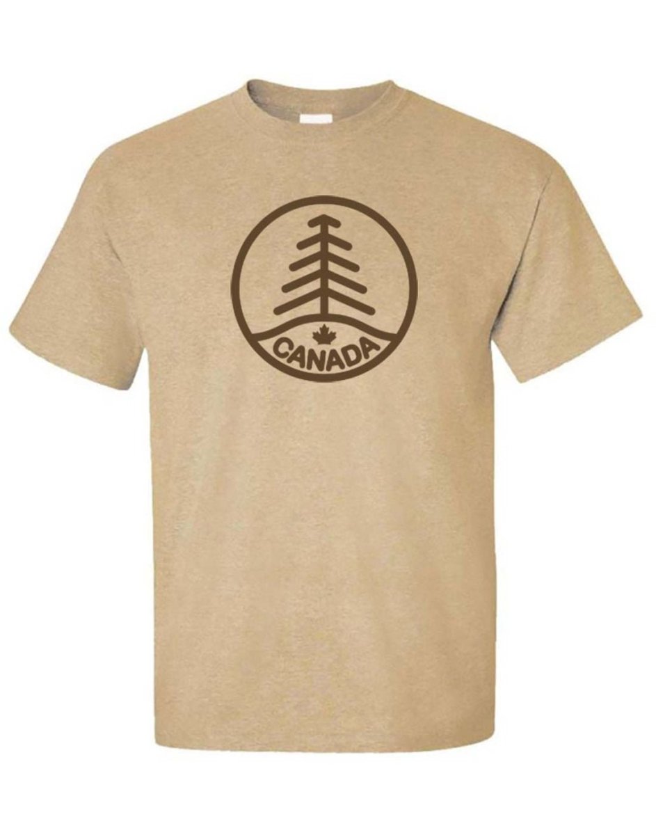 North & Oak Unisex T-shirt in light tobacco brown colour, with dark brown circle with tree design and canada written in circle