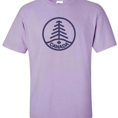 North & Oak Unisex T-shirt in purple, with dark purple circle with tree design and canada written in circle