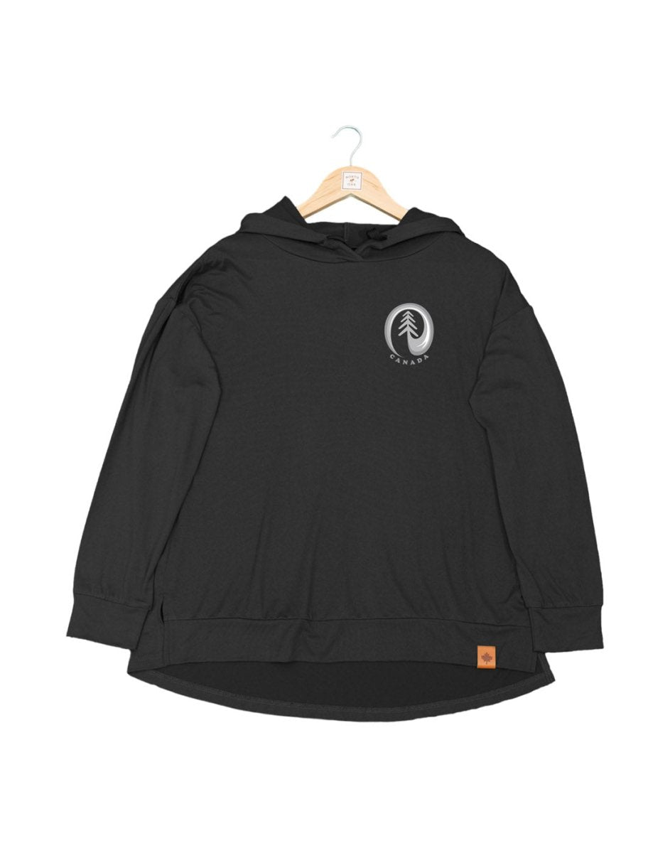 North & Oak Women's Canada Hoodie in black with light grey circular tree symbol on left chest