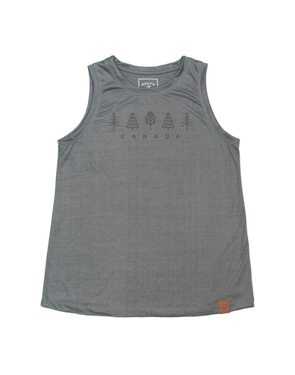 North & Oak Women's Canada Tank in grey with dark grey images of trees and Canada written below