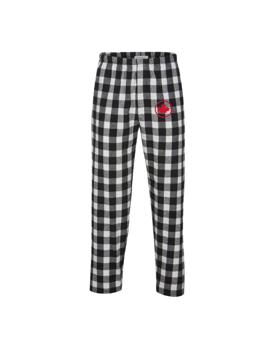 Unisex Plaid Sleep Pants in black and white checkered pattern and red maple leaf in a circle on left thigh