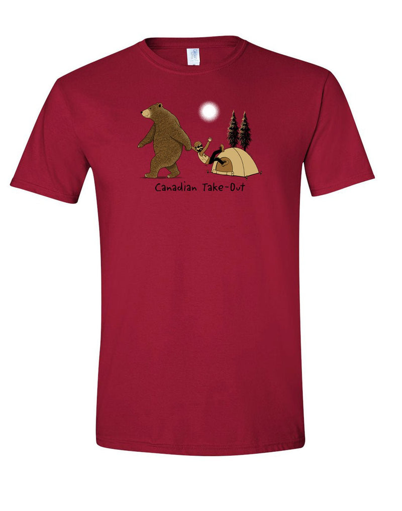 Unisex Soft Style T-Shirt in cardinal red with cartoon image of bear dragging a person out of a tent with words below that read Canadian Take-Out