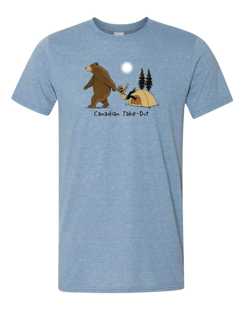 Unisex Soft Style T-Shirt in heather indigo blue with cartoon image of bear dragging a person out of a tent with words below that read Canadian Take-Out