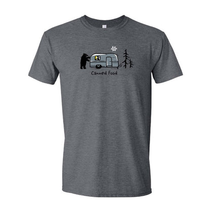 Unisex Soft Style T-Shirt in dark heather grey with image of bear outside of a trailer with words Canned Food below