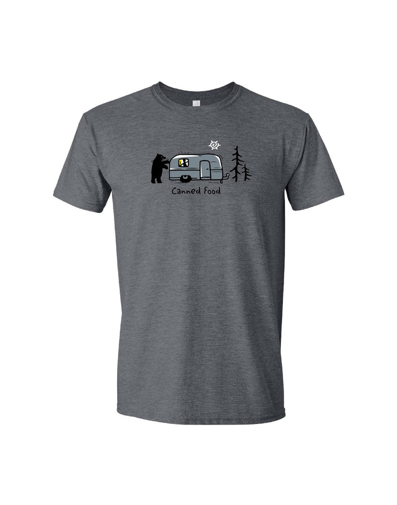 Unisex Soft Style T-Shirt in dark heather grey with image of bear outside of a trailer with words Canned Food below