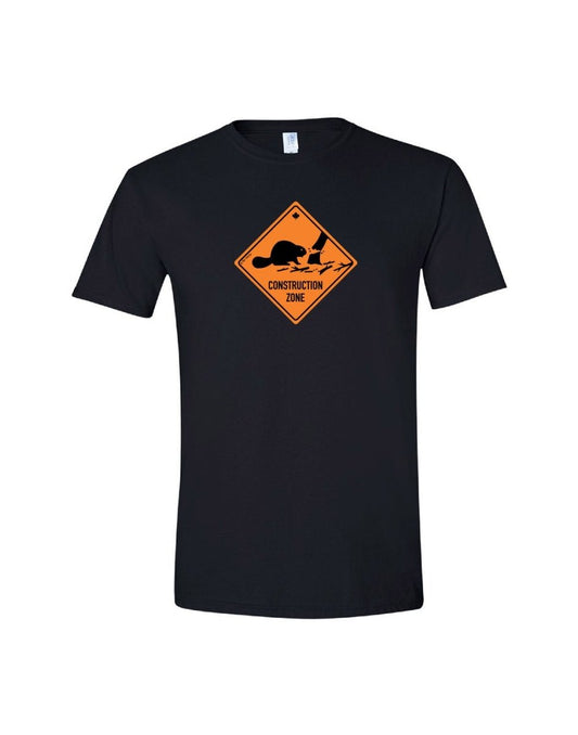 Product Image – Unisex Soft Style T-Shirt in black with orange construction zone sign with beaver cutting down a tree