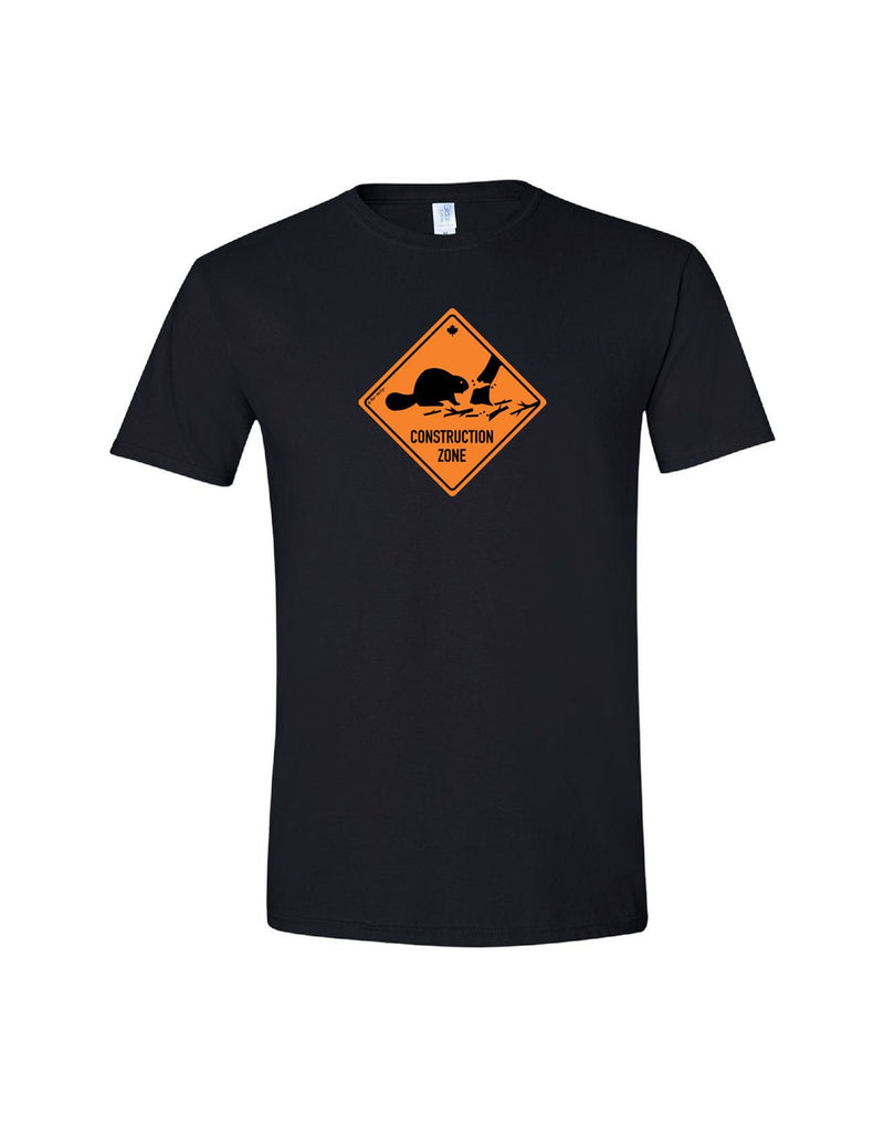 Unisex Soft Style T-Shirt in black with orange construction zone sign with beaver cutting down a tree