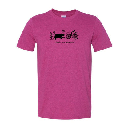 Unisex Soft Style T-Shirt in antique heliconia, bright pink colour with black image of bear chasing after a person on a bicycle