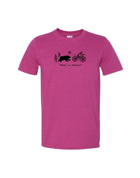 Product Image – Unisex Soft Style T-Shirt in antique heliconia, bright pink colour with black image of bear chasing after a person on a bicycle