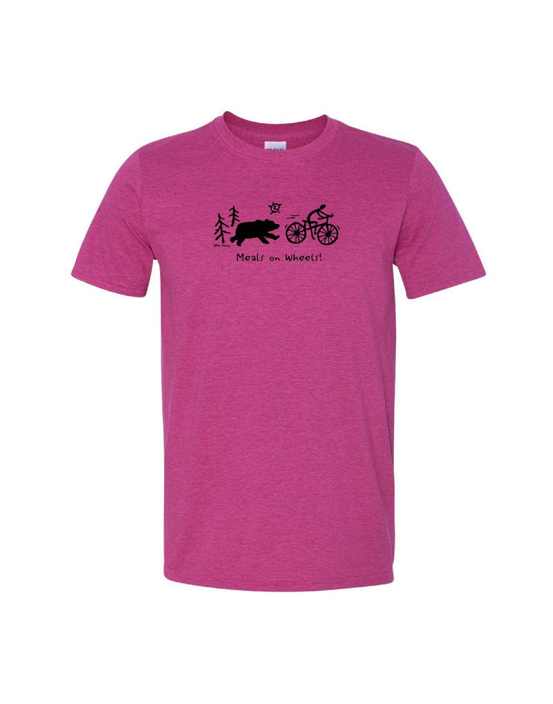 Unisex Soft Style T-Shirt in antique heliconia, bright pink colour with black image of bear chasing after a person on a bicycle