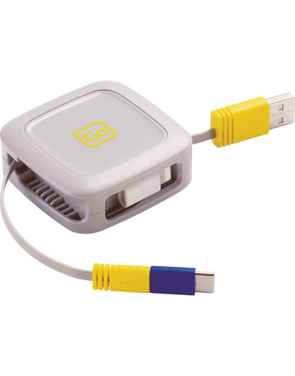 Front angle view of Go Travel 3-in-1 Retractable Connector Cable, with USB and USB-C wires extending out.