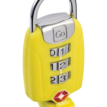 Go travel big dial twist "N" set combination lock, yellow, front angled view with set dial turned