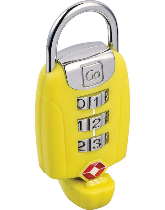 Product Image – Go travel big dial twist "N" set combination lock, yellow, front angled view with set dial turned