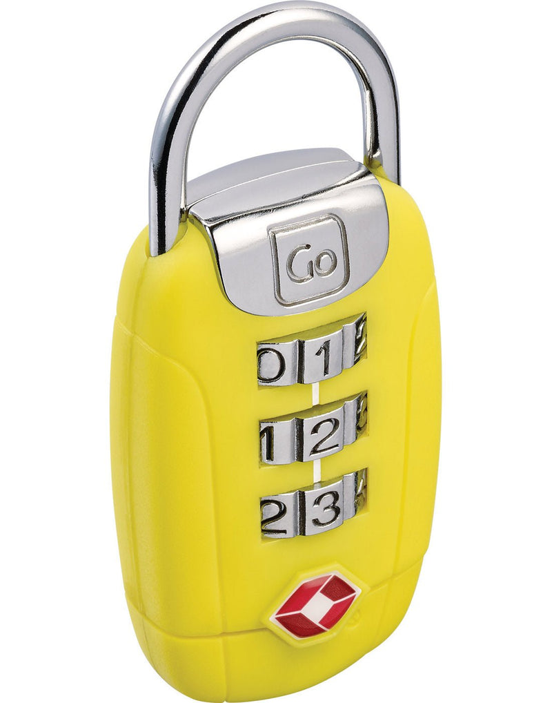 Go travel big dial twist "N" set combination lock, yellow, front angled view