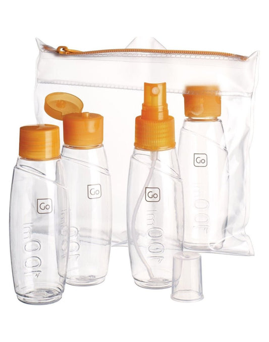 Product Image – Go Travel Cabin Bottles Set of four clear bottles, one inside the clear zippered pouch and three in front, two of them have caps open