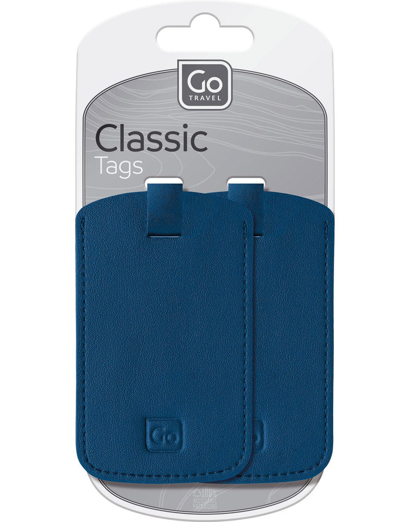 Front view of packaging of blue Go Travel Classic Luggage Tags - 2 pack, both tags placed next to each other.