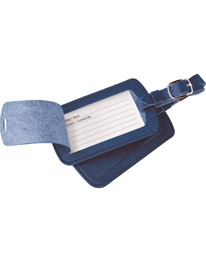 Front view of Go Travel Classic Luggage Tags - 2 pack in blue, opened to reveal space where contact information can be written.