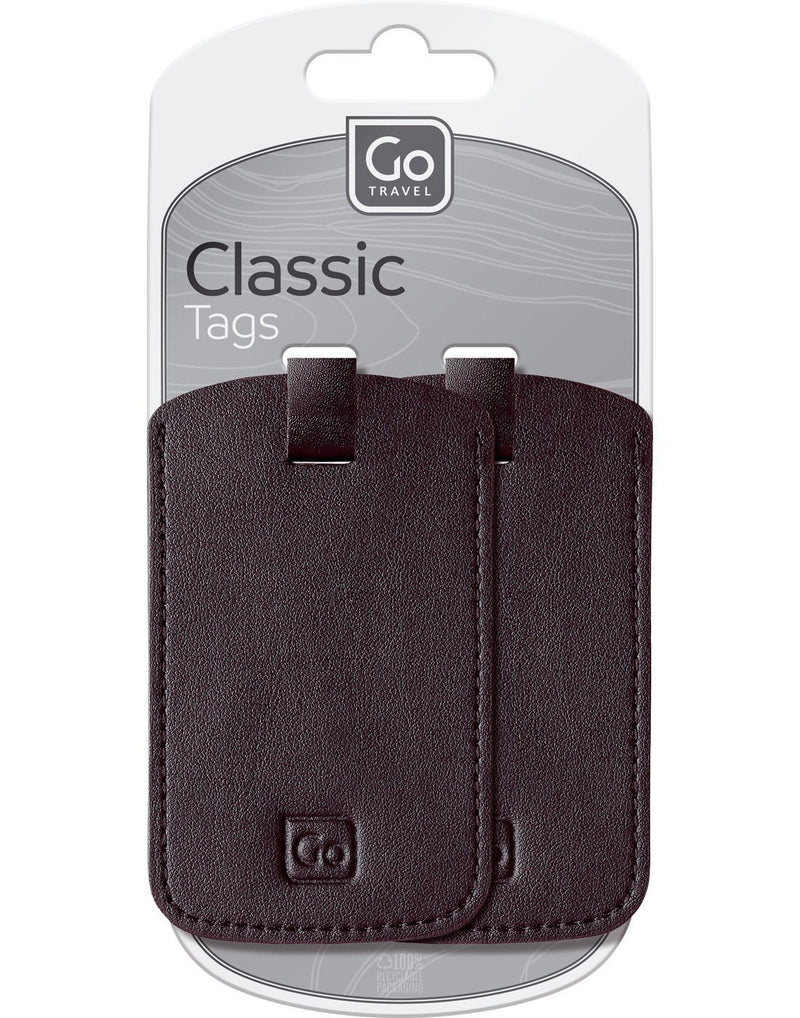 Front view of black Go Travel Classic Luggage Tags - 2 pack, both tags placed next to each other.