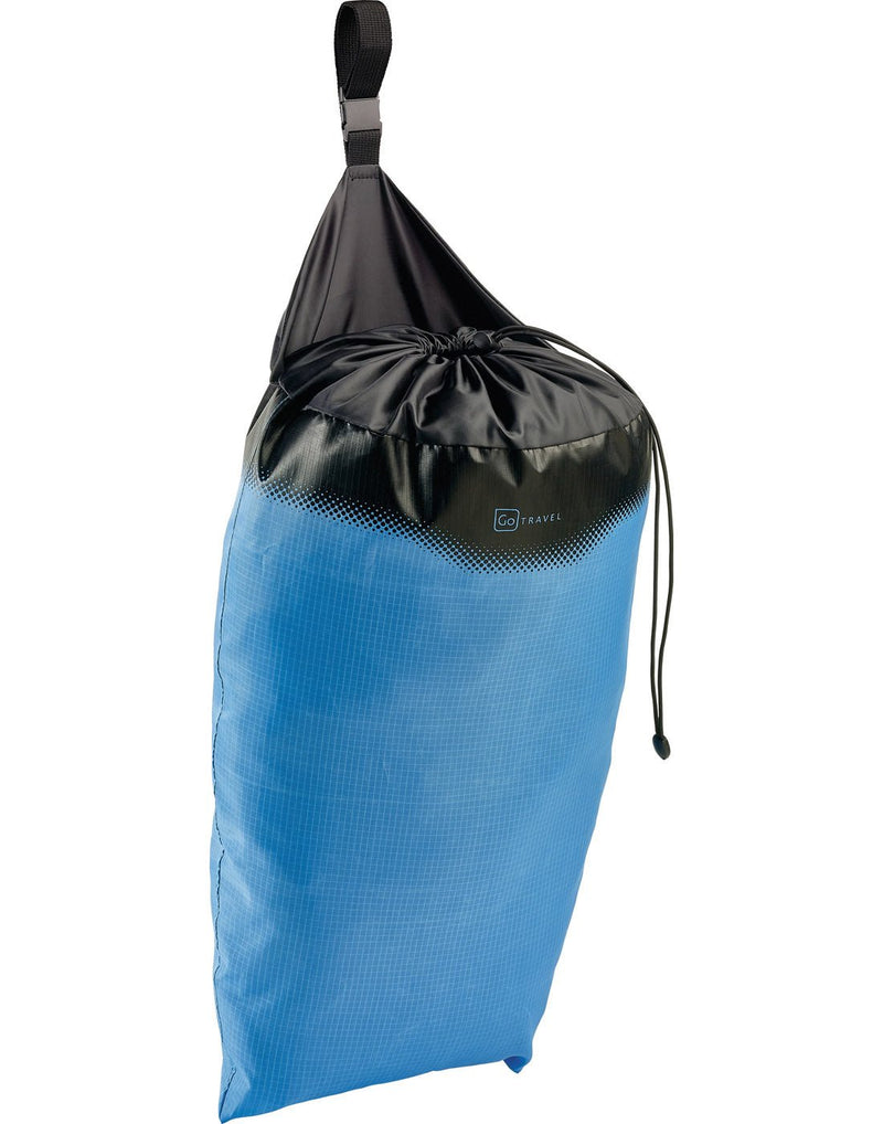 Go Travel Laundry Bag in blue, side angle view.