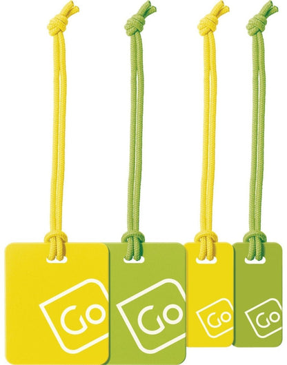 Go Travel Luggage Tags Family Pack in yellow/green, close-up front view.
