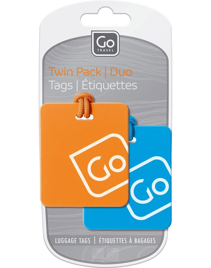 Close up of blue/orange Go Travel Luggage Tags Twin Pack inside packaging.