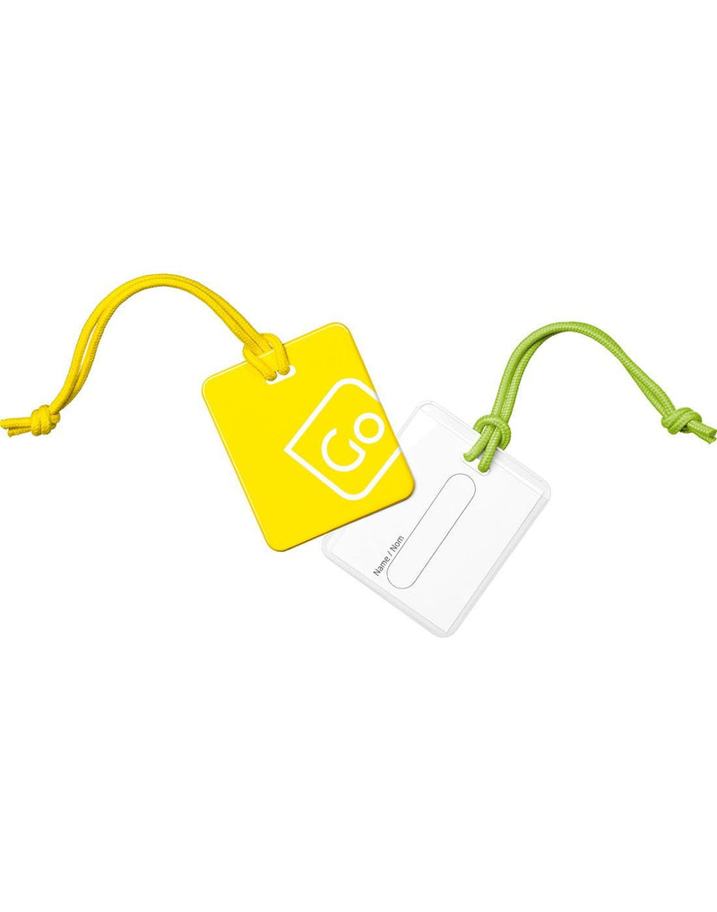 Front view of yellow/green Go Travel Luggage Tags Twin Pack, arranged at an angle, with one tag flipped over to reveal area where contact information can be written.