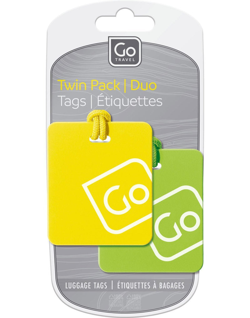 Close up of yellow/green Go Travel Luggage Tags Twin Pack inside packaging.