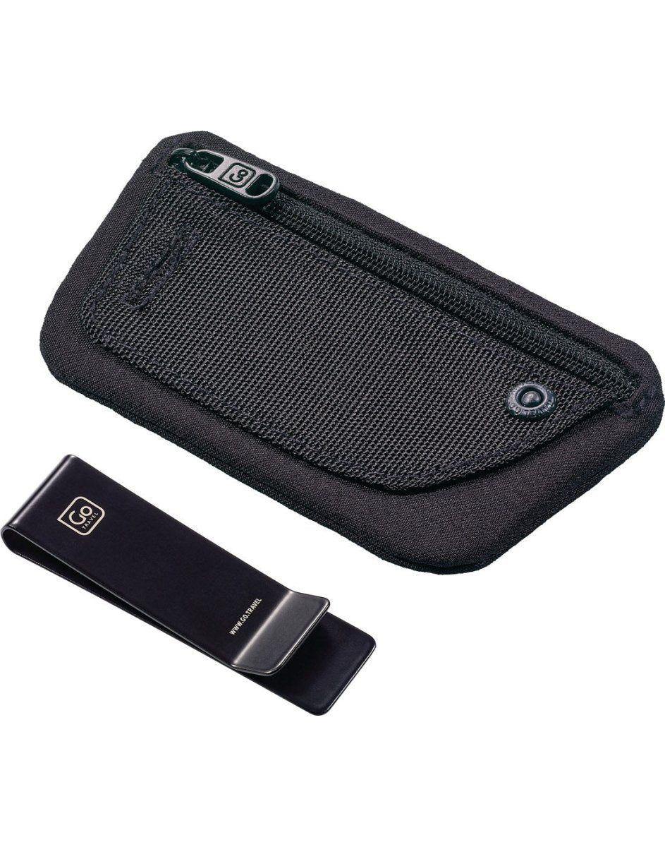 Side angled view of Go Travel The Clip Pouch RFID, with clip detached.