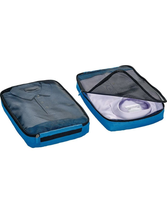 Product Image – Go Travel Twin Packing Cubes with clothes packed inside, one is zippered up and the other is half unzipped