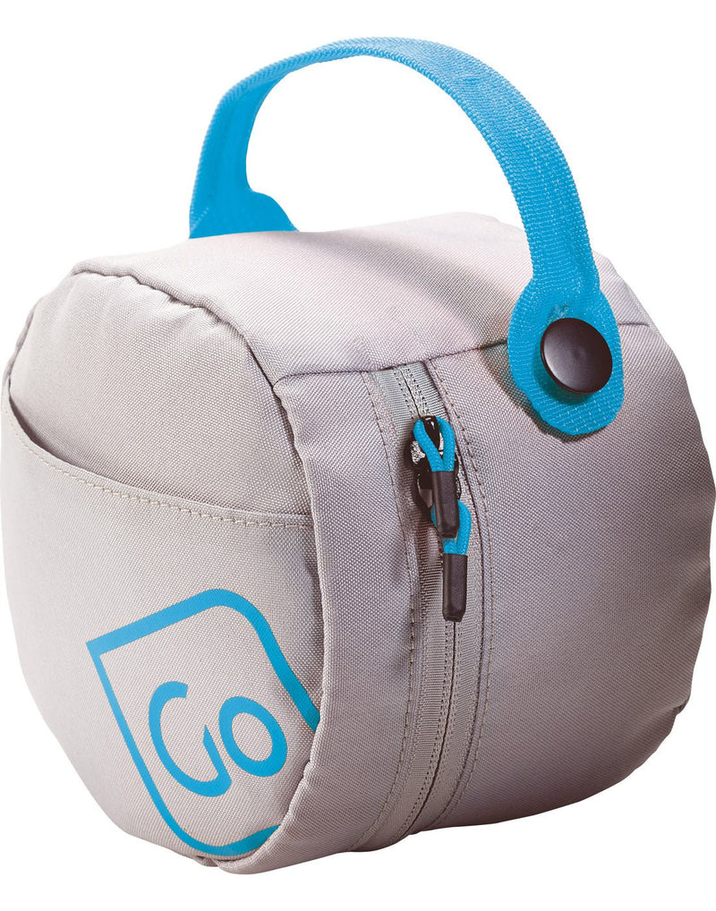 Go Travel Universal Pillow Packer, product view, zipped up, grey with blue handle and accents
