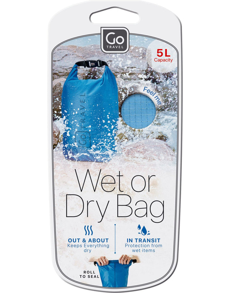 Front view of packaging of blue Go Travel Wet/Dry Bag, with a designated area to feel the bag's texture.