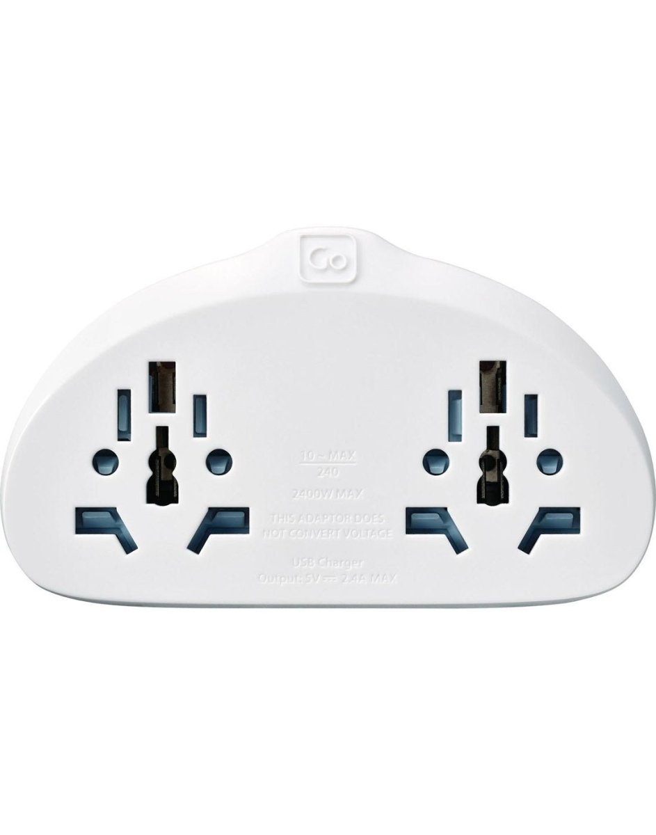 Go Travel World-AUS/China Adapter Duo + USB, front view of input sockets