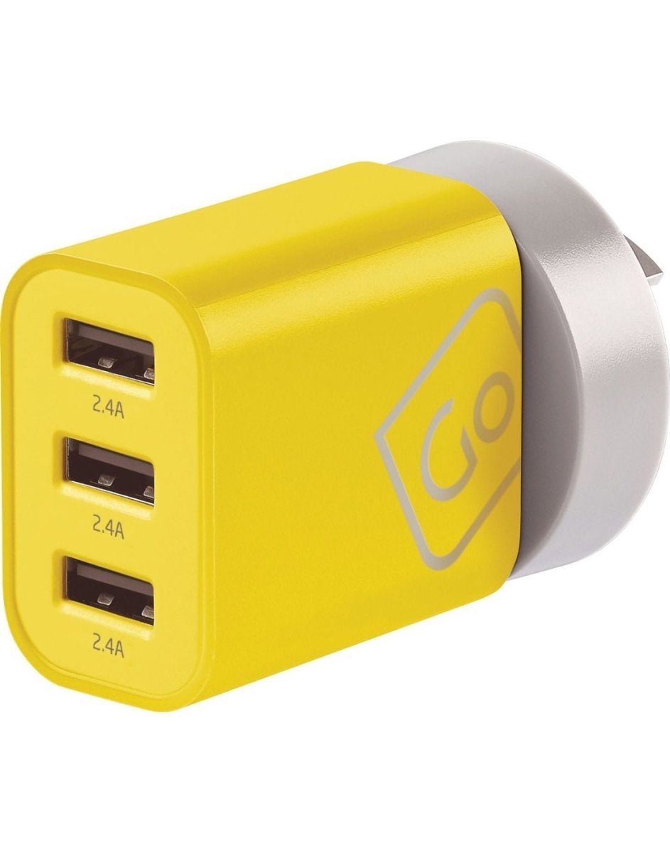 Front view of Australia/China adapter plugged into USB charger