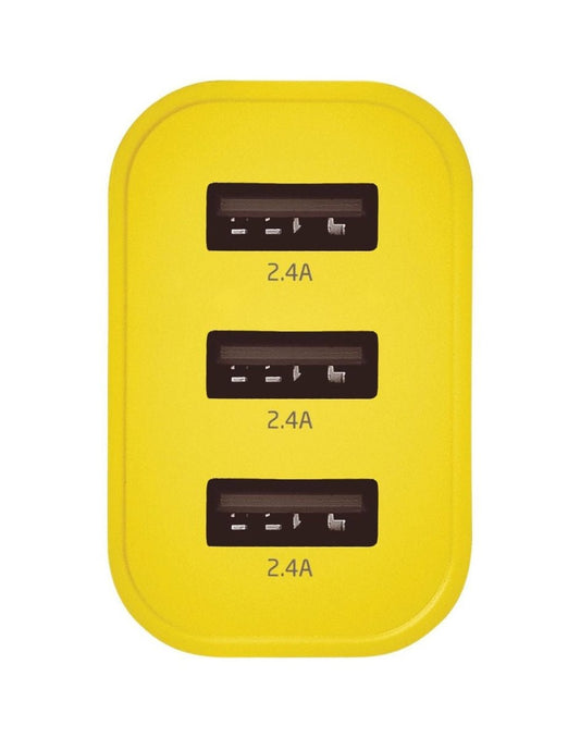 Product Image – Close up of yellow USB triple input charger, front view