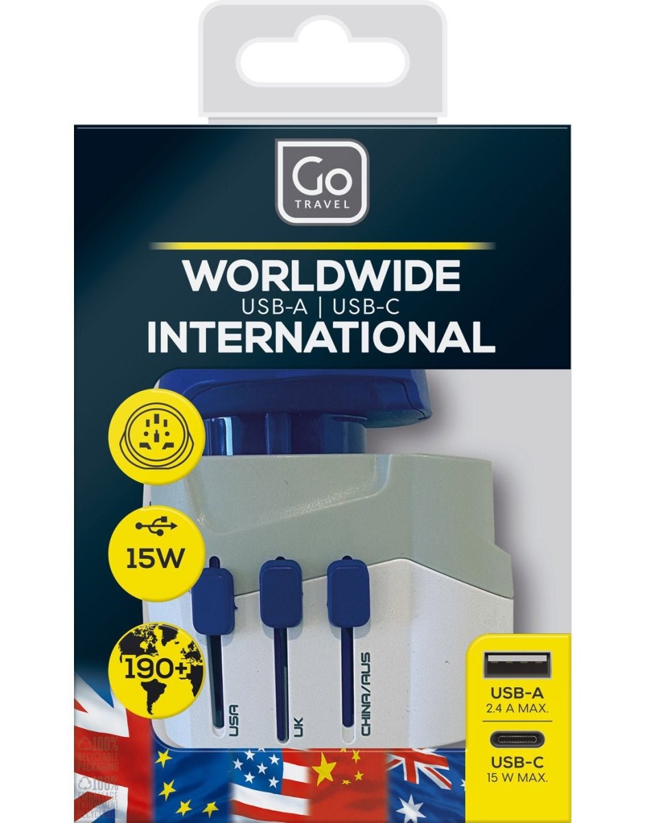 Go Travel Worldwide Adapter + USB-A & USB-C, package view