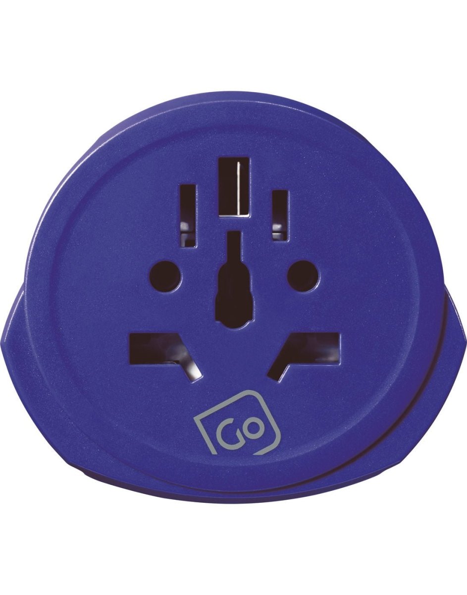 Go Travel Worldwide Adapter + USB-A & USB-C, removeable blue adapter piece, front view