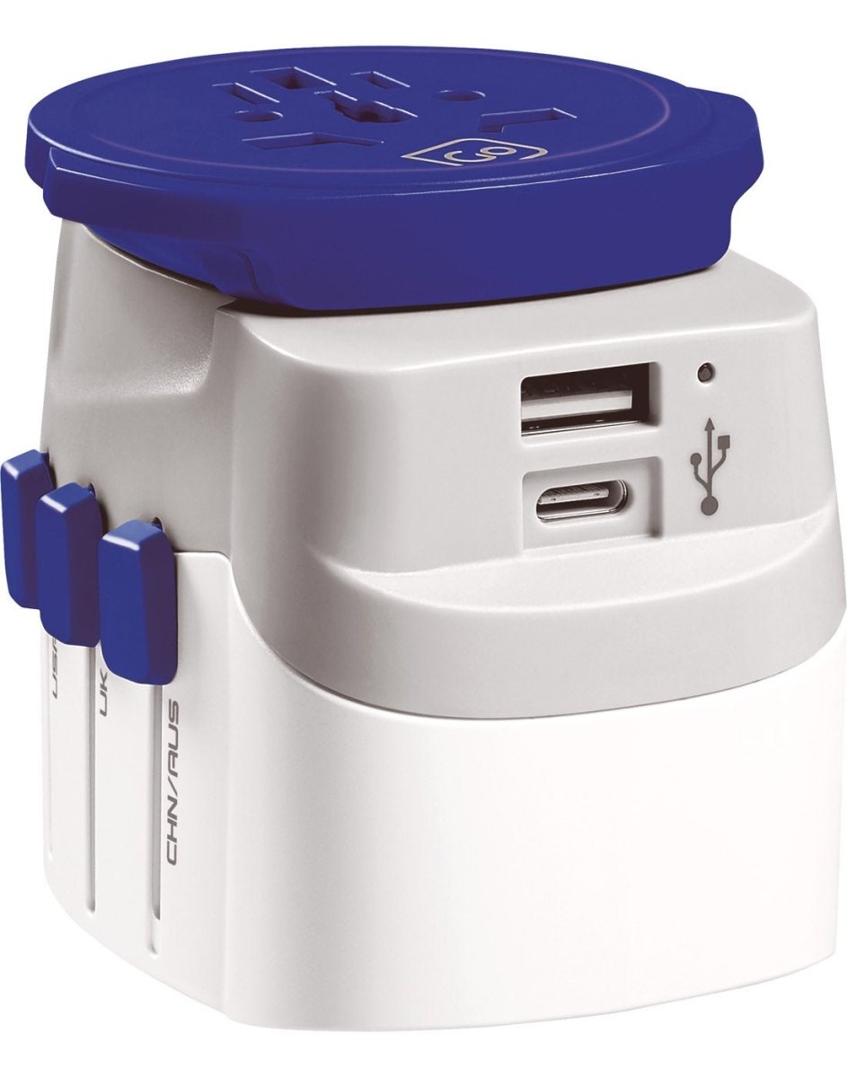 Go Travel Worldwide Adapter + USB-A & USB-C, removeable blue adapter piece plugged into base