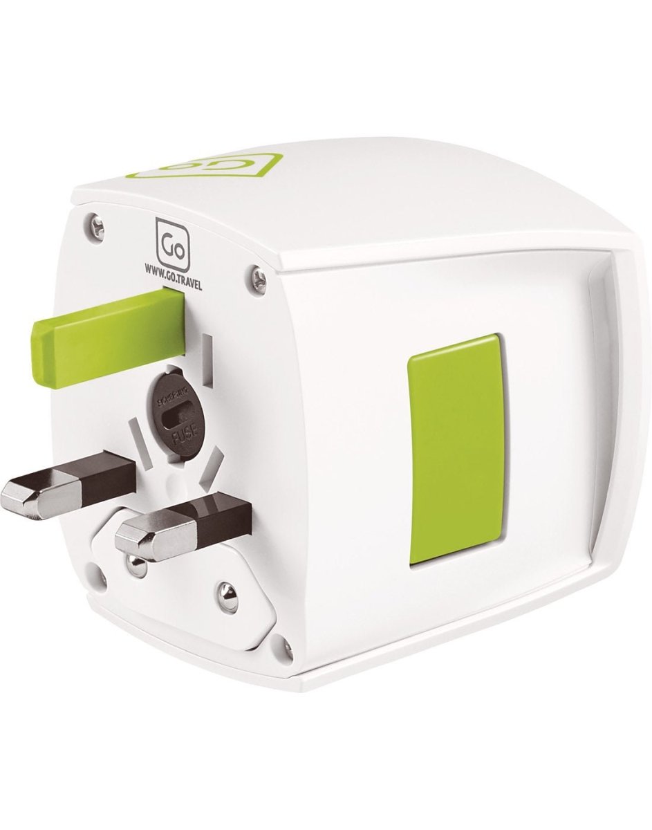 Side angle view of Go Travel Worldwide Adapter, with United Kingdom plug extended out.