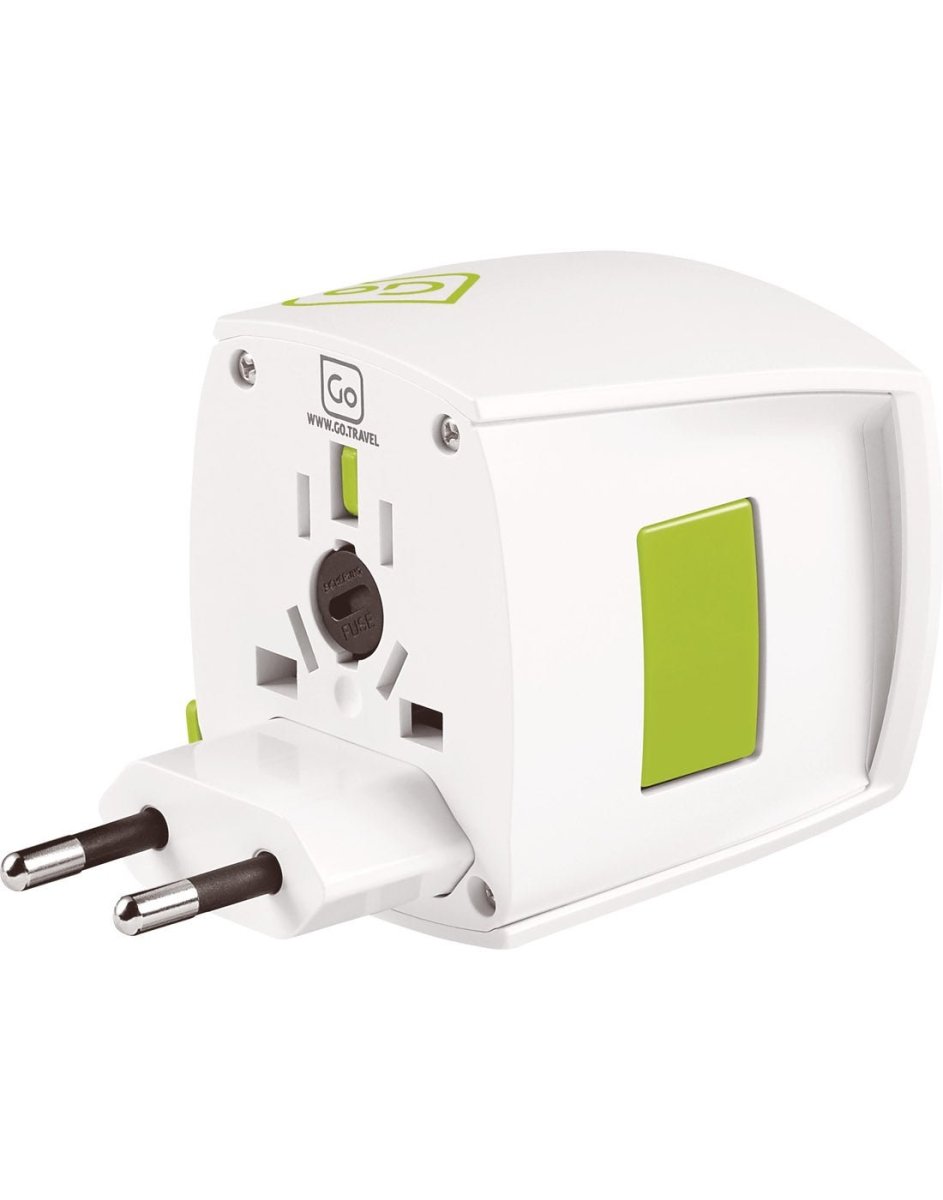 Side angle view of Go Travel Worldwide Adapter, with European plug extended out.