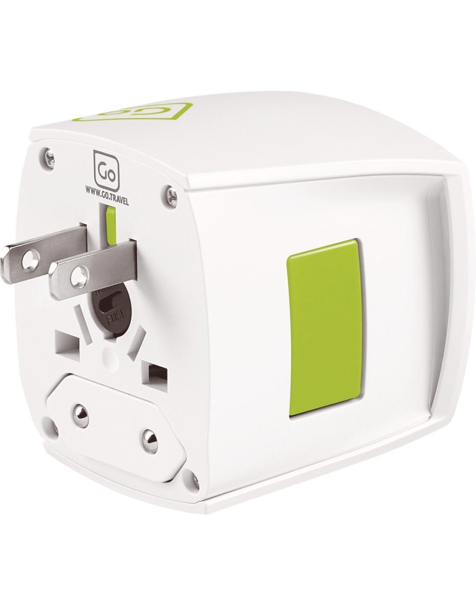 Side angle view of Go Travel Worldwide Adapter, with American plug extended out.