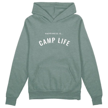 Happiness Is...Camp Life Unisex Hoodie in sage green with white writing across chest that reads Happiness Is...Camp Life, front view