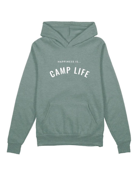 Product Image – Happiness Is...Camp Life Unisex Hoodie in sage green with white writing across chest that reads Happiness Is...Camp Life, front view