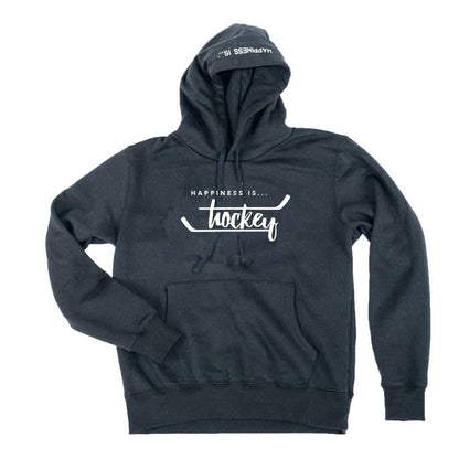 Happiness Is...Hockey Unisex Hoodie in jet black, front view with kangaroo pocket and "Happiness Is..." written on top of hood